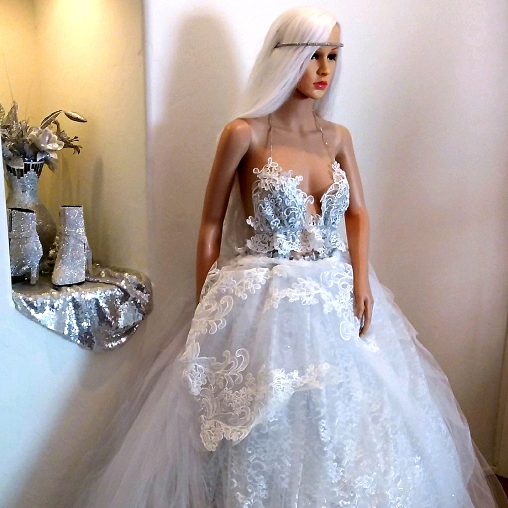 "TRINITY" White & Silver Crystal Wedding Ballgown